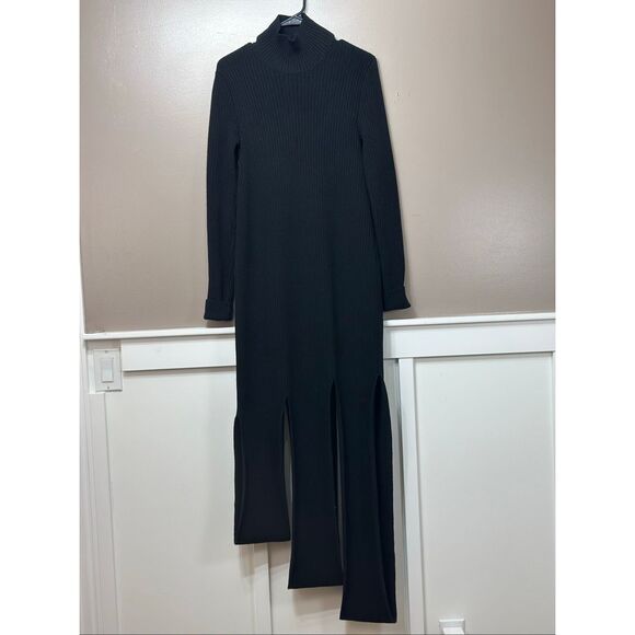 NWOT BOTTEGA VENETA Wool Blend Turtleneck Ribbed Bodycon Midi Black Dress Medium - Picture 2 of 12